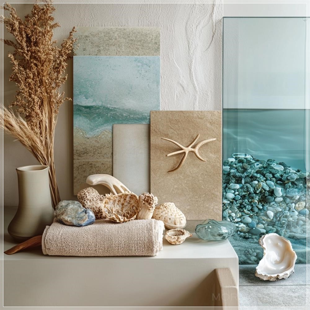 Bảng màu thiết kế nội thất với các tông màu tự nhiên và điểm nhấn của kính xanh biển.