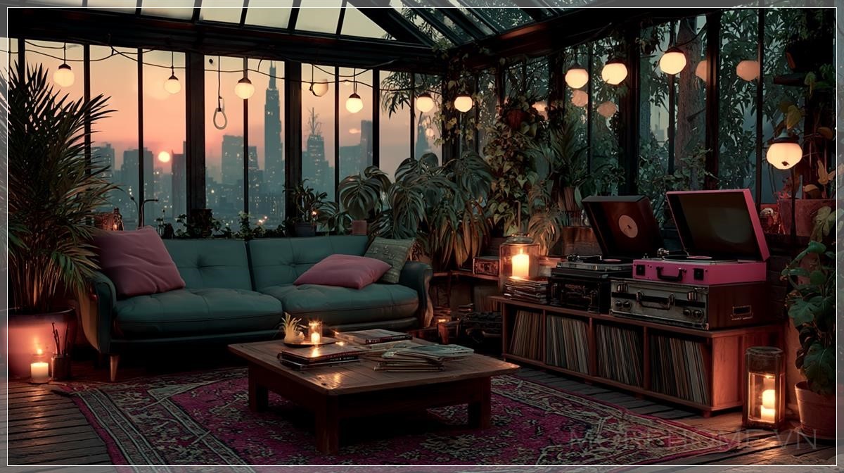 Không gian phòng khách ấm cúng với âm nhạc vintage...